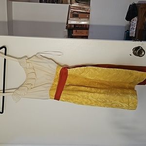 Cream and yellow silk dress with orange belt